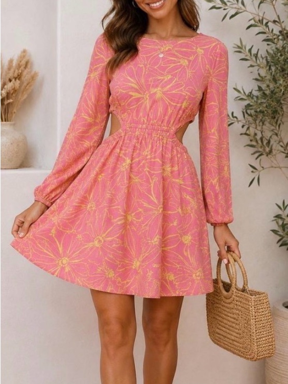 Universal Thread Pink & Yellow Floral Cutout Long-Sleeve Mini Dress